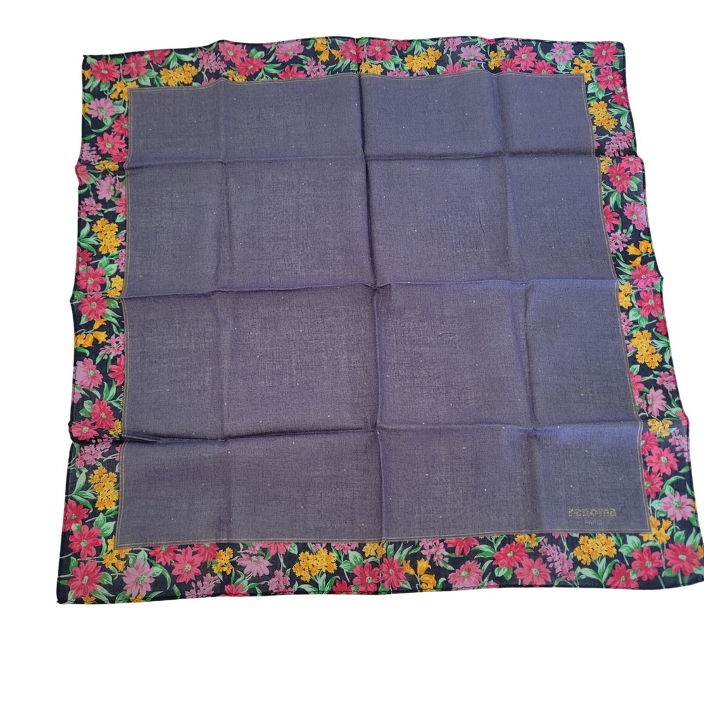 Renoma Paris Floral Handkerchief Navy Blue Pink Yellow Flower Print Square Scarf